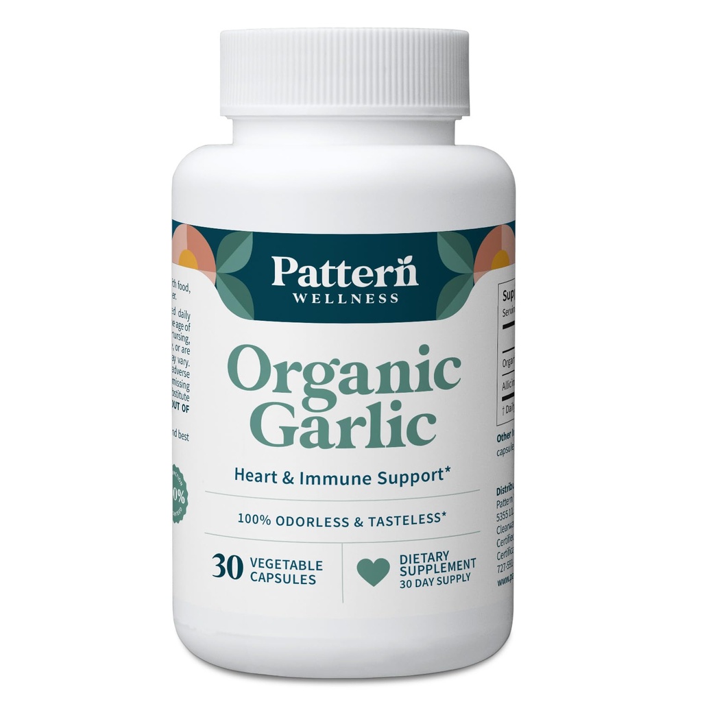 패턴 웰빙 무취 유기 마늘 - 1000mg - 면역, 순환 및 심장 건강 지원 - 비 GMO & 글루텐 무료 - 30 Vegan 캡슐
