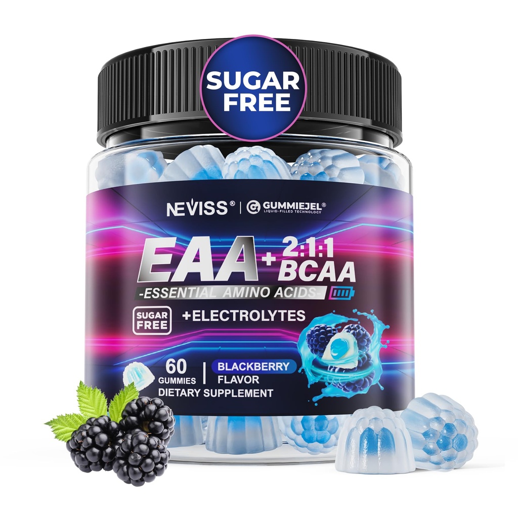 EAA Gummies 보충 교재, 모든 9개의 필수 아미노산 보충교재, 남자 여자를 위한 BCAA 아미노산 Gummies│Branched 사슬 아미노산 & 전해질 Hydration Gummies│Gluten 자유롭고, 라즈베리 풍미, 채식주의자, 60ct
