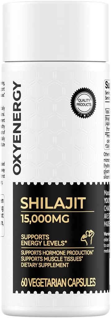 남자와 여자를 위한 OxyEnergy Shilajit 캡슐, 순수한 Himalayan Shilajit 15,000mg, Stamina & Immune 지원, 60 채식 캡슐