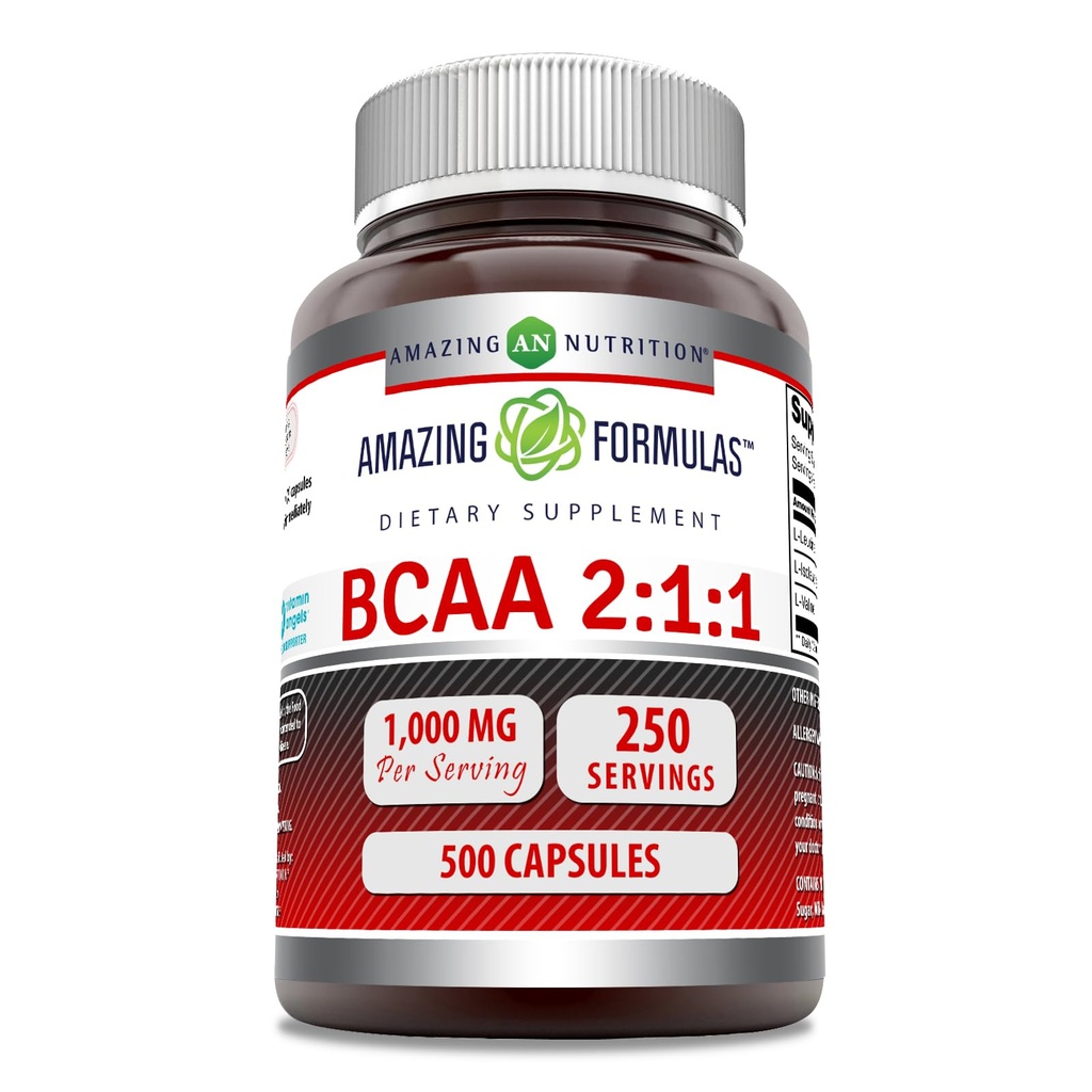 놀라운 수식 BCAA 2 : 1 : 1 1000 Mg 서빙 | 캡슐 | 분기된 사슬 아미노산 보충 | 비 GMO | 글루텐 프리 | 미국에서 만든 (1 팩, 500 카운트)