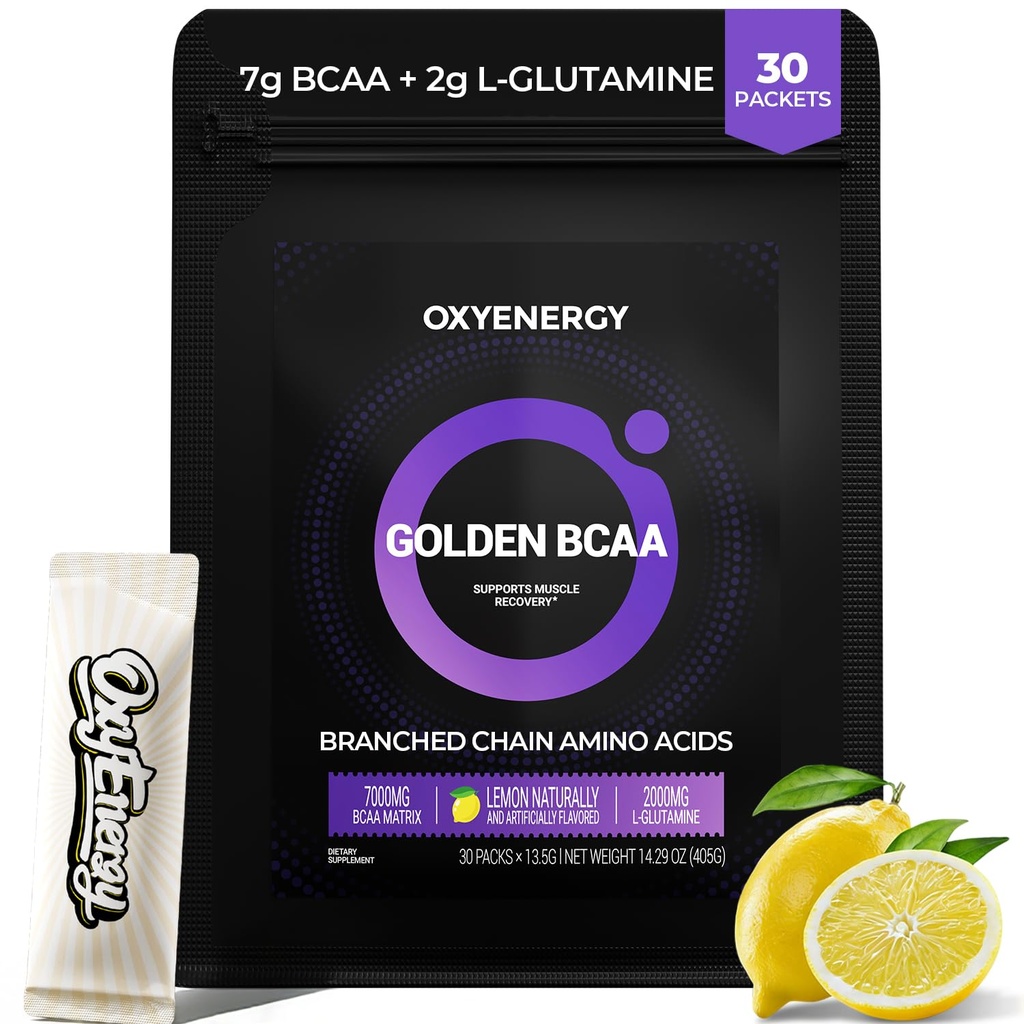 OxyEnergy BCAA 2 : 1 파우더, 7g BCAA 및 2g L 글루타민, 근육 회복을위한 타우린, 증가 된 내구시간, 사전 및 포스트 운동 회복을위한 완벽한 아미노산, 설탕 무료, 레몬, 30 스틱 팩