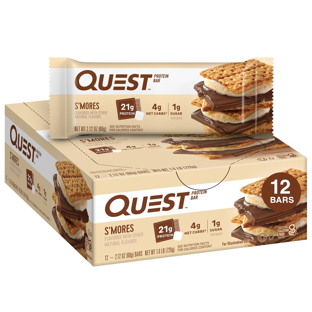 퀘스트 영양 S'mores Protein Bar, 21g Protein, 1g Sugar, 4g Net Carb, Gluten Free, Keto Friendly, 12 카운트