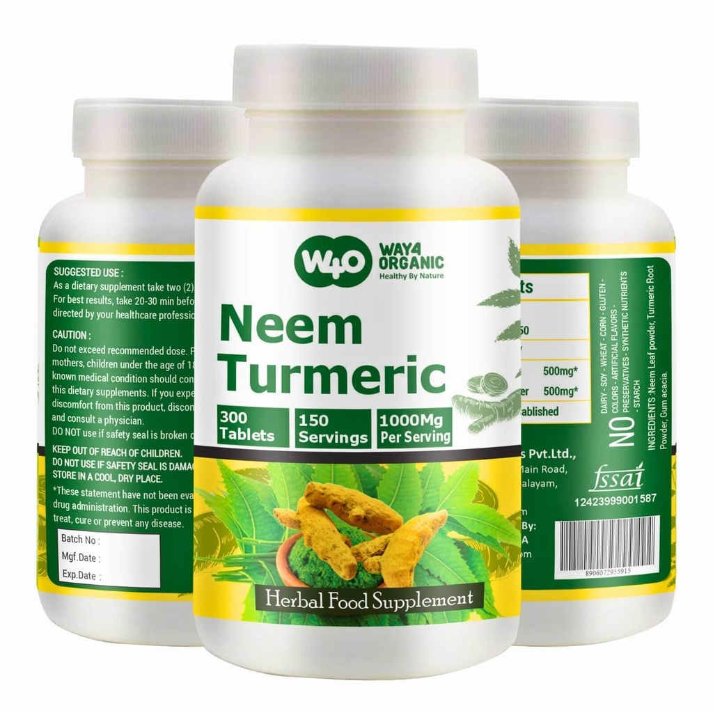 Neem 심황 캡슐 (태블릿) - 높 순수성 Azadirachta Indica 정제, Neem는 동등한 비율에 있는 심황을 남겨둡니다 - 300의 정제, 150의 서빙, 1000 Mg. 1의 팩.