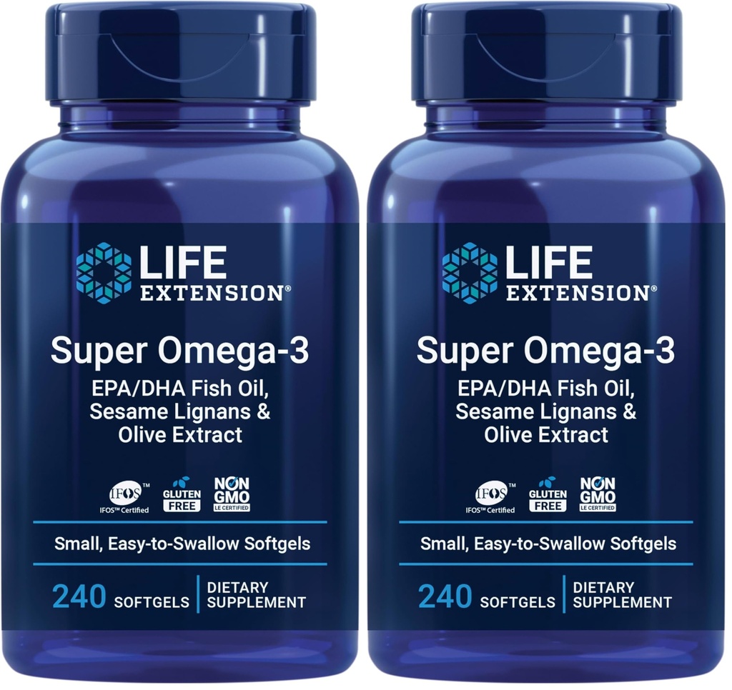 수명 연장 슈퍼 오메가-3 EPA / DHA 생선 기름, 참깨 & 올리브 추출물 - 심장, 뇌, 염증 건강 지원, 글루텐 - 무료, 삼키기, 비 GMO, 240 Softgels (팩 2)