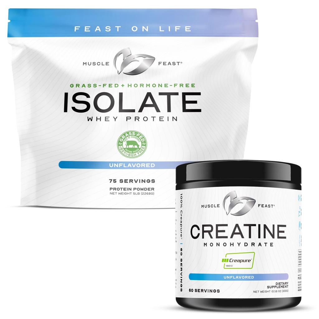 근육 Feast Creapure 크레아틴 Monohydrate - Unflavored 300g (x1) 및 Isolate Whey Protein Powder - Unflavored 5lb (x1) - 근육 회복 및 성능 번들