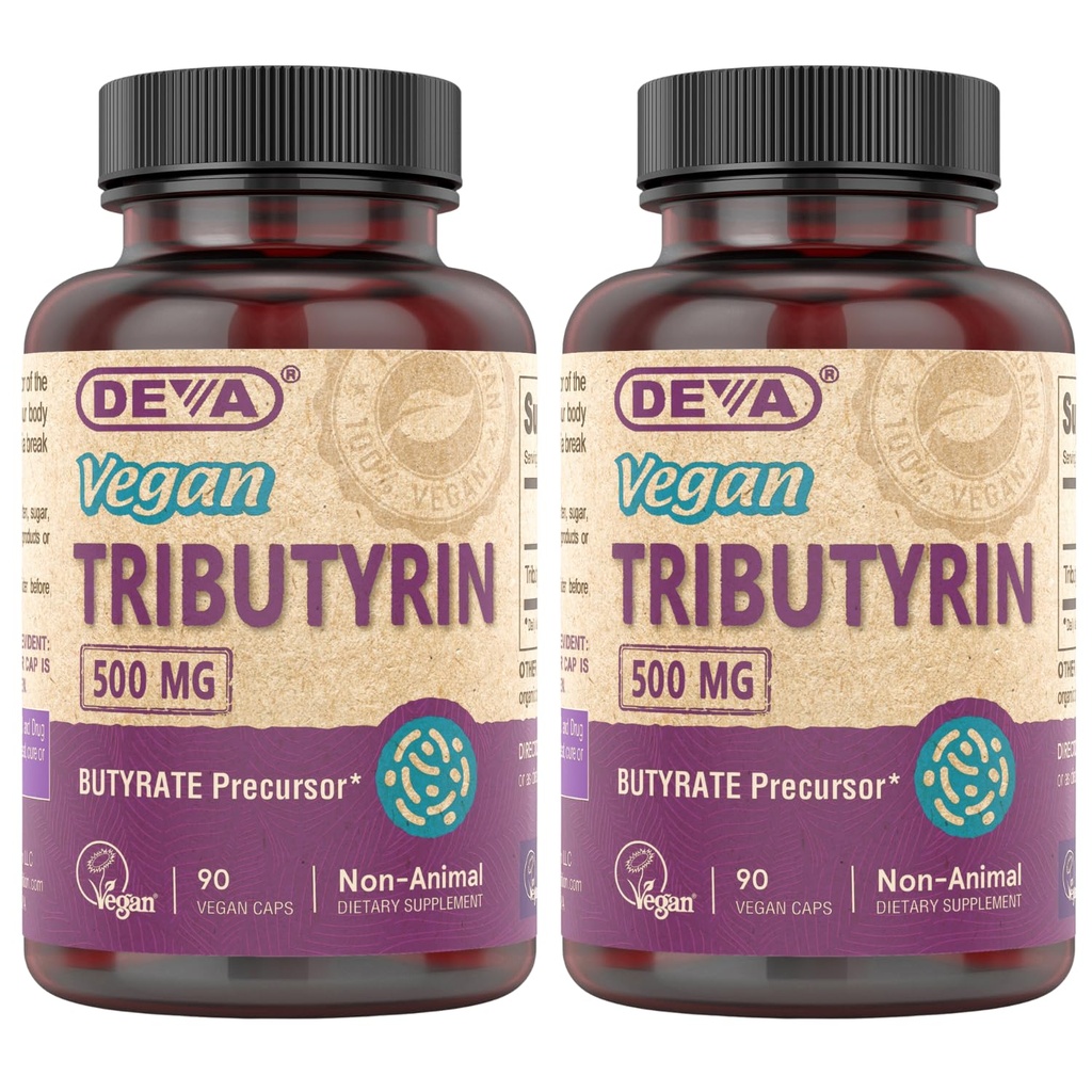 DEVA Vegan Tributyrin 보충교재 - Butyrate Precursor, Gut 장벽 지원, Butyric 산, 500 MG Vegan 캡슐, 누설 Gut 지원, 소화, 90의 조사 (2의 포장)