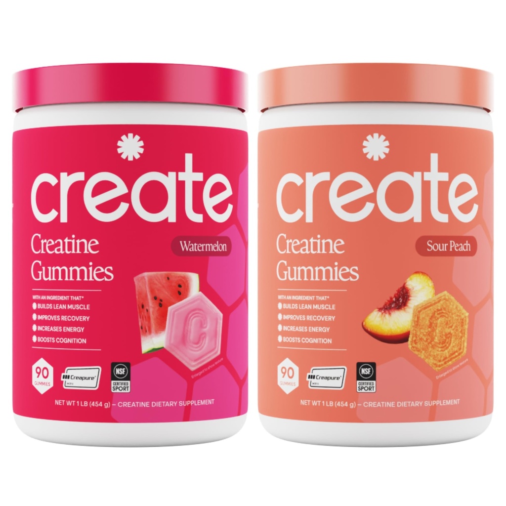 Creatine Monohydrate Gummies - Beach Day Duo - Sour Peach & Watermelon - 여성 및 남성, NSF 인증, 3rd Party Tested, Anti-Melting Formula, 180 Count (2-Pack)에 대한 크레아틴 Gummies