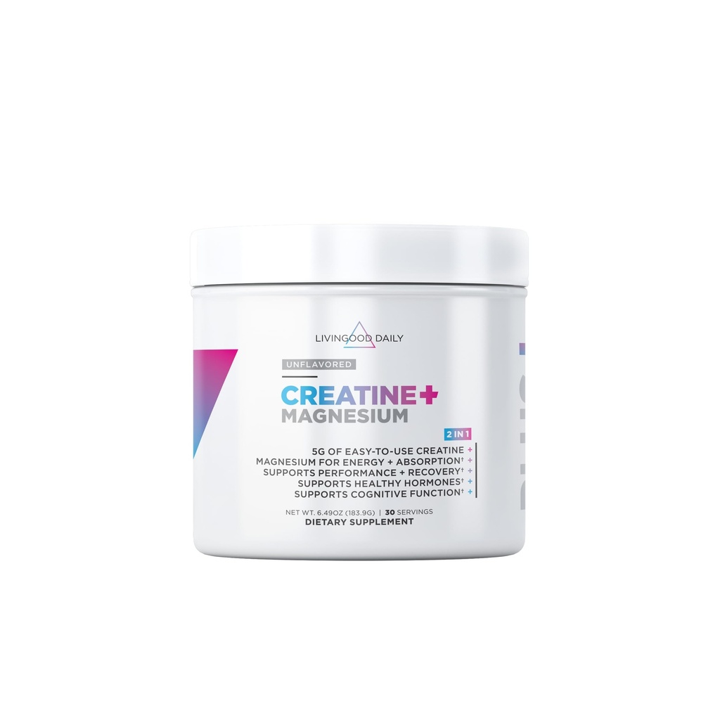Livingood Daily Creatine + Magnesium Powder, Unflavored | 5g Micronized Creatine Monohydrate with Magnesium for Energy, Muscle Recovery & Performance | 30 서빙