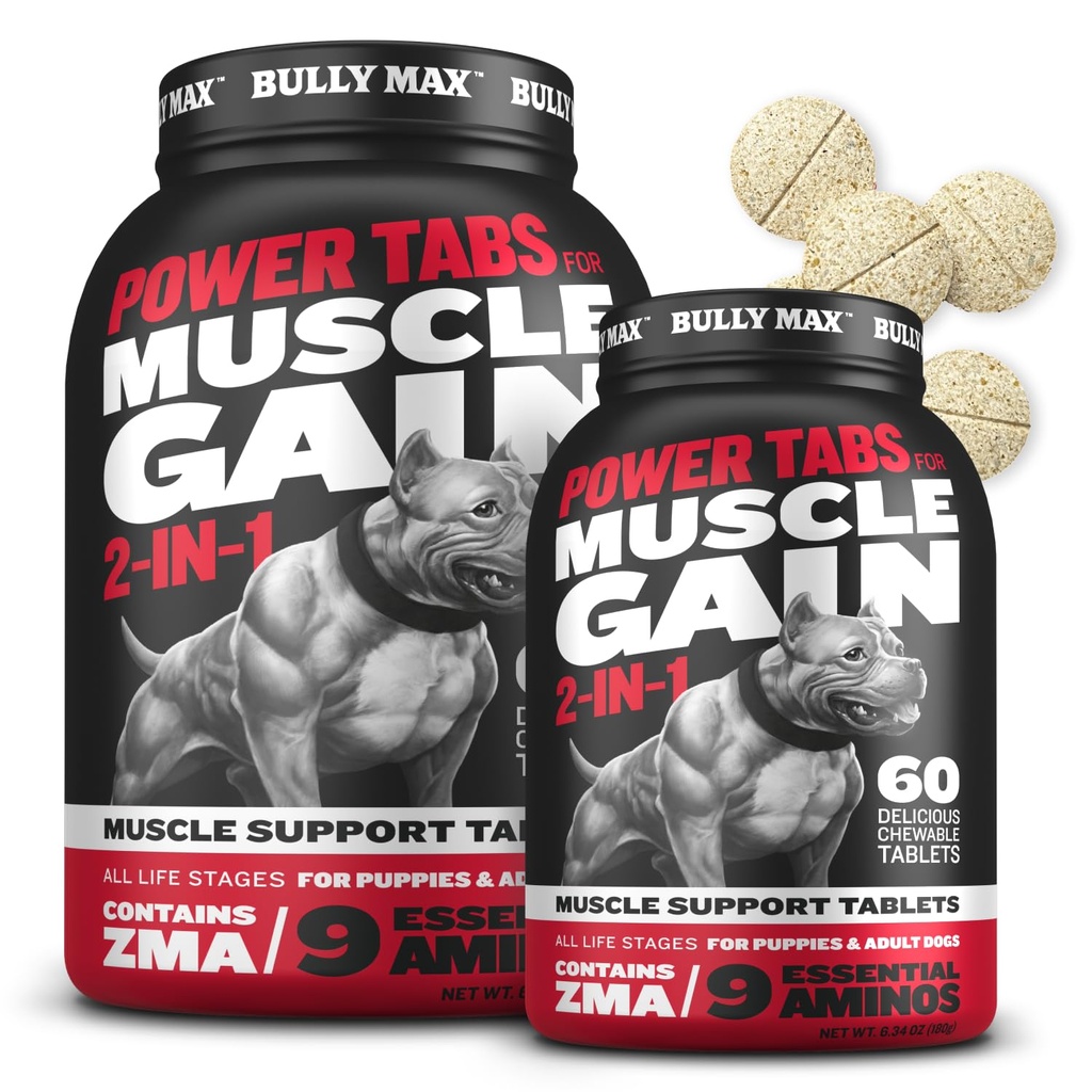 Bully Max 2-in-1 Muscle Builder Chewable Tablets for Puppies & Adult Dogs - 근육 이익 및 성장을위한 개 비타민 및 보충제 - 모든 품종 및 연령을위한 Canine Puppy Multivitamins - 60 탭 (2 병)