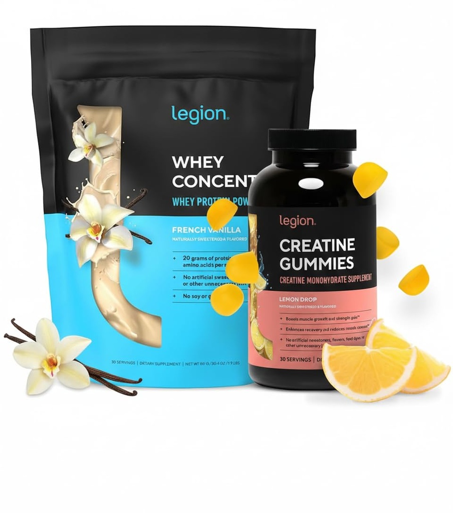 LEGION 성능 지원 스택 - Creatine Monohydrate Gummies (레몬 드롭, 30 서빙) + Whey Protein Powder (Vanilla, 30 서빙)
