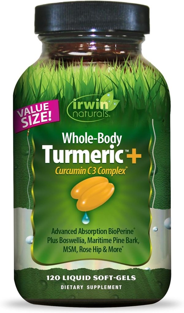 Irwin Naturals 전체 바디 심황 + Curcumin C3 Complex - 120 Liquid Soft-Gels - Boswellia, Maritime Pine Bark, MSM & Rose Hip와 함께