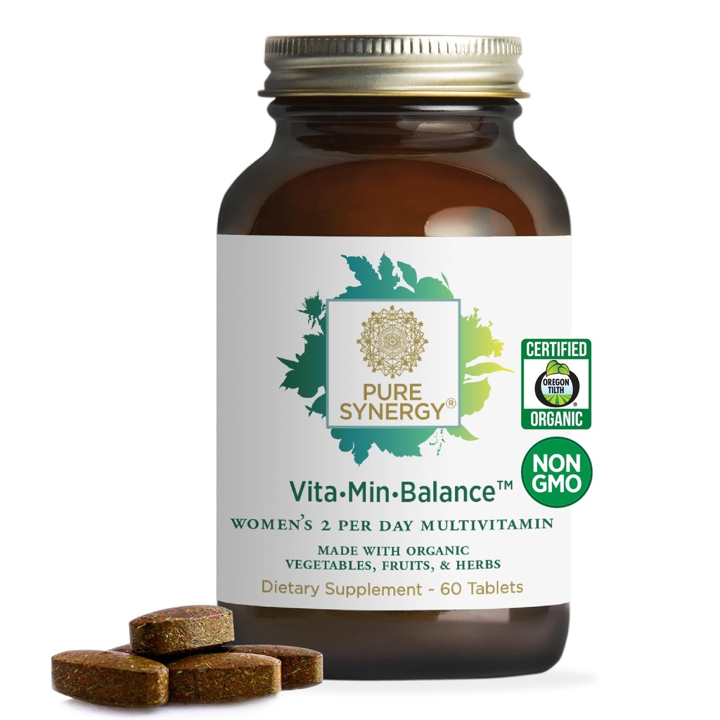 PURE SYNERGY Vita·Min·Balance | 철의 여성용 멀티비타민 | 유기농 식품으로 만든 여성용 멀티비타민 | 균형 잡힌 에너지와 스트레스 지원(60정)