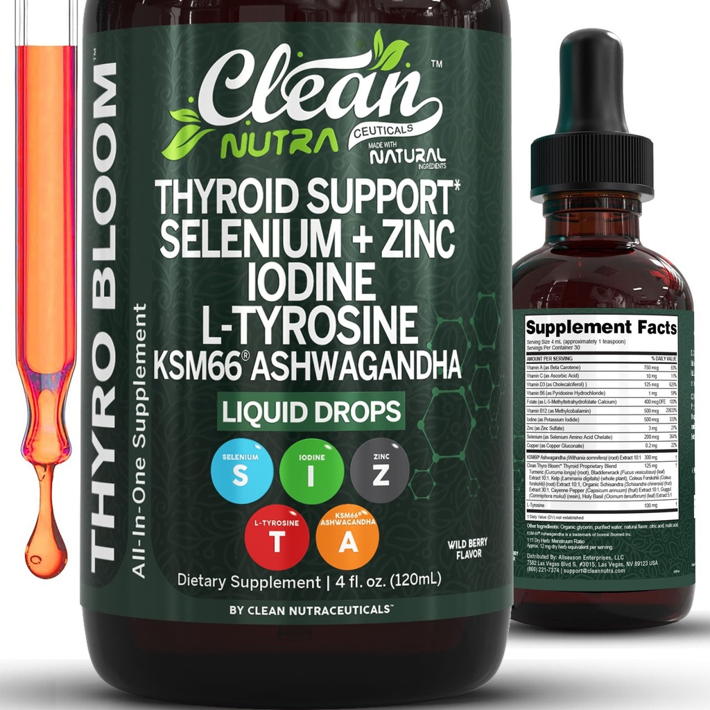 ThyroBloom Thyroid 여성 액체 드롭 Iodine L-Tyrosine Selenium 구리 Ashwagandha 아연 Kelp Bladderwrack Schisandra Guggul Turmeric 비타민 A D3 B12 Folate 보충 Clean Nutra 4oz