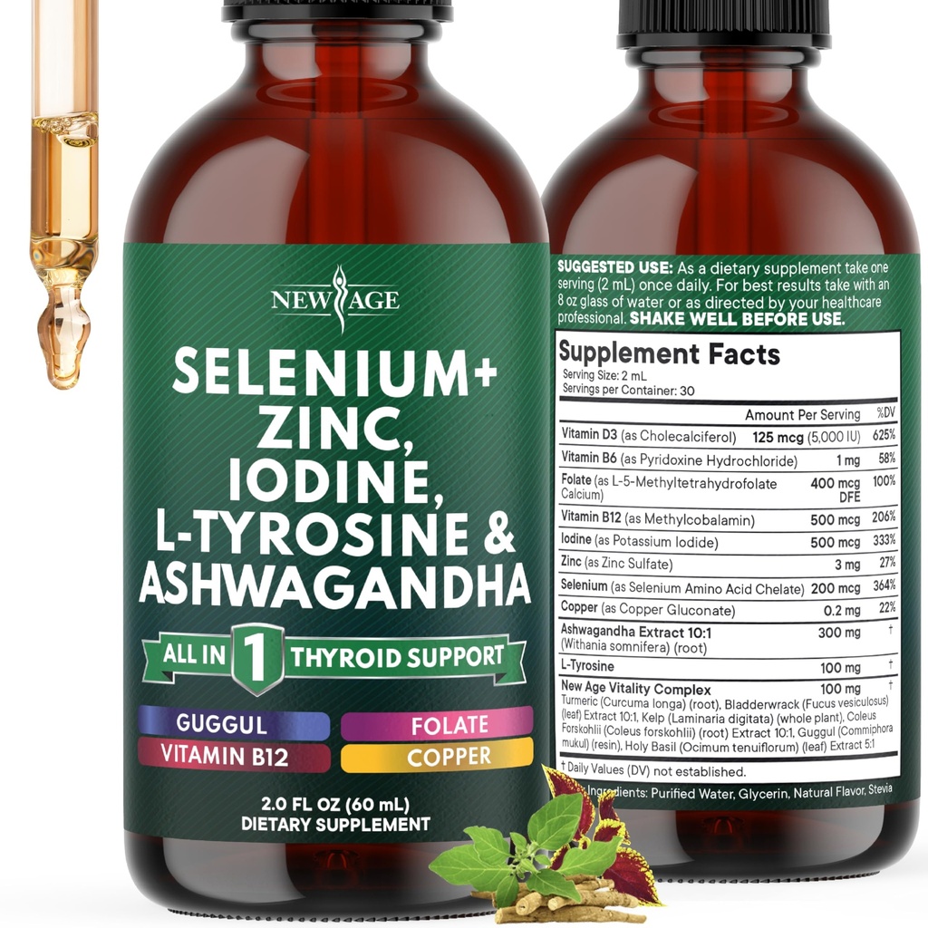 Thyroid 지원 드롭 - 셀렌, 아연, 이오딘, L 티로신, Ashwagandha, Turmeric, Schisandra Guggu, Cayenne, Basil - 액체 보충 Folate 구리 알코올 - 무료, 비 GMO - 2 온스