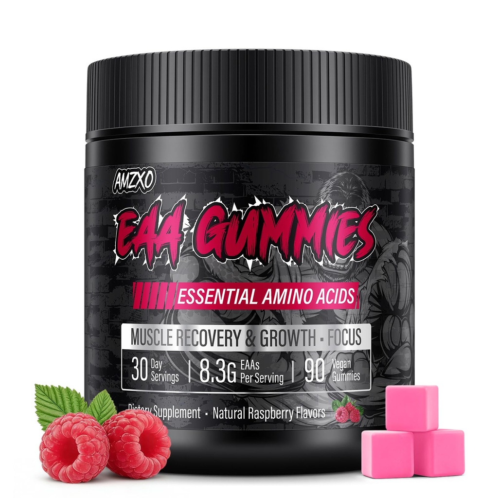 EAA Gummies - 2 : 1 : 1 BCAA 공식 (8300mg) - 근육 회복 및 지구력을위한 필수 아미노산 - 비 GMO, 글루텐 무료, 설탕 무료, 채식, 라즈베리 맛 - 90 카운트