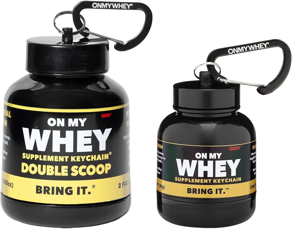 ONMYWHEY Protein Powder Container To Go - 믹스, 휴대용 사전 운동 보충 용기 및 디스펜서 깔때기, 미니 운동 보조 식품 홀더 키 체인 병