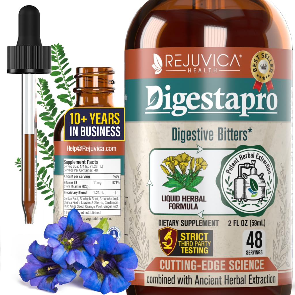 Rejuvica 건강 DigestaPro - 고급 소화기 보충 - 더 나은 흡수를위한 액체 배달 - Gentian, Artichoke, Burdock, Chanca Piedra, Ginger & More!