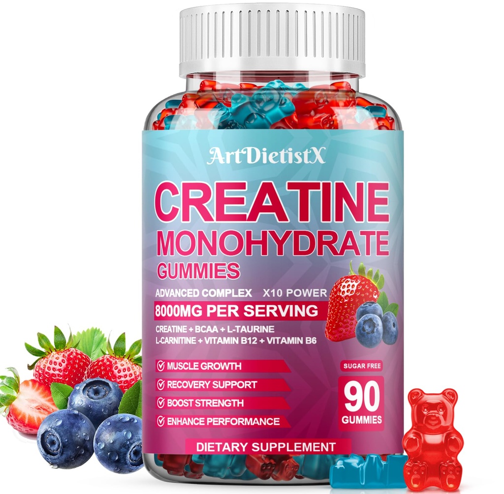 Creatine Monohydrate 8000mg Gummies BCAA, L 카르니틴, 타우린 & 비타민 B12 - 근육 성장을 위한 전 운동 보충교재, 힘 & 에너지, 다 풍미 Chewable Gummies, 남자 & 여자를 위한 90의 조사