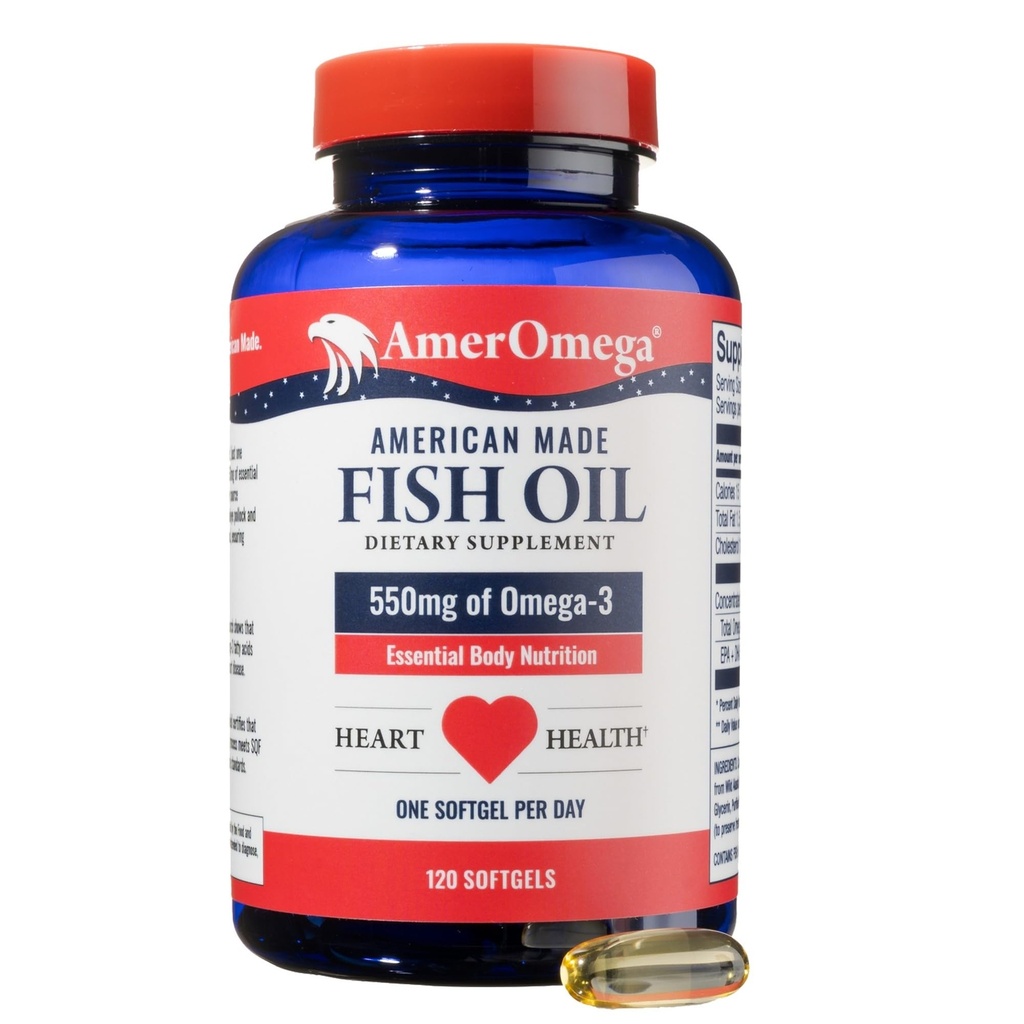 AmerOmega Triglyceride Omega-3 물고기 기름 심장 건강 지원 - 야생 잡은 알래스카 벽걸이 Pollock - 미국 - 소스, 미국 - 말 - 비 GMO, 글루텐 - 무료 & 낙농 - 무료 120 Softgels
