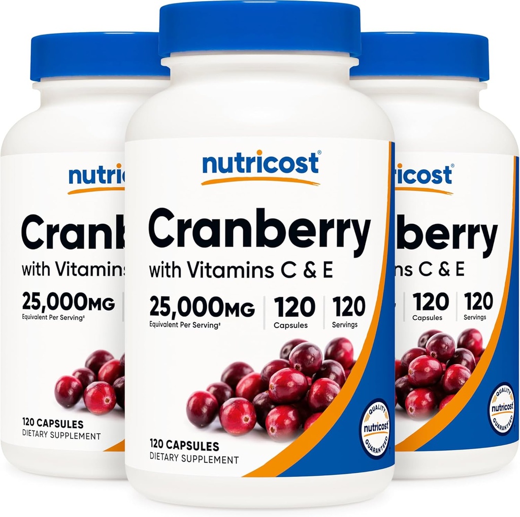 Nutricost 크랜베리 추출물 25,000mg (120 서빙) 비타민 C & E가있는 3 병