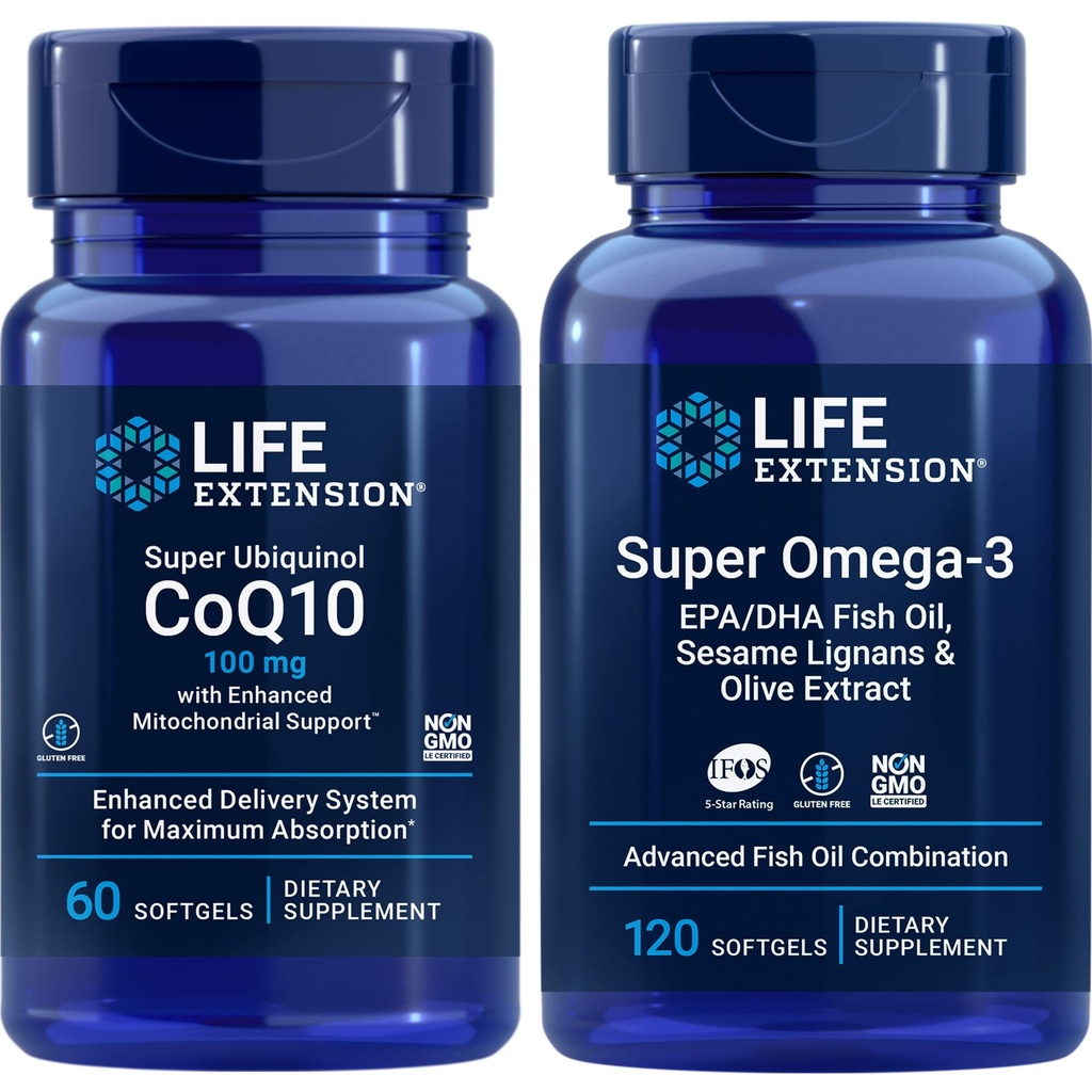 Life Extension Super Ubiquinol Coq10, 100 Mg, 60 Softgels | Super Omega-3 Epa/dha Fish Oil, 120 Softgels | Heart & Brain Health Supplements, 염증 관리, 노화 방지 지원.