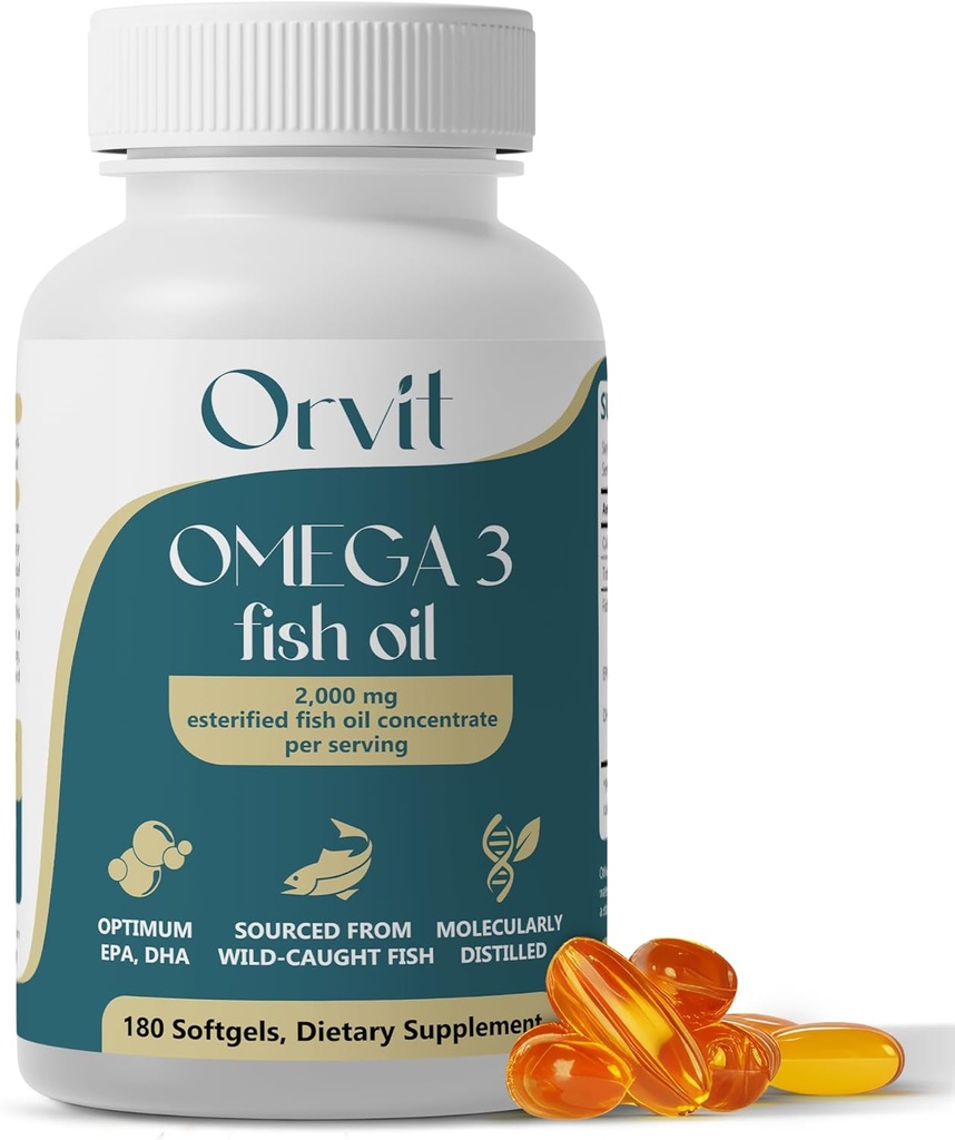 ORVIT 오메가 3 물고기 오일 Softgel 2000 mg - 남성과 여성을위한 궁극적 인 EPA DHA 보충 - Burpless - 물고기 맛 없음 - Unflavored 180 Softgels - 유기, 비 GMO - 미국에서 만든