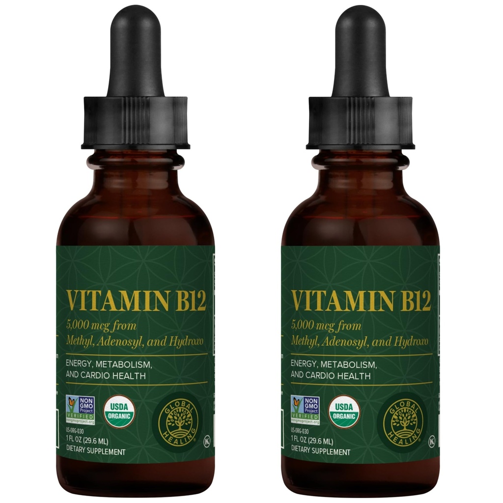 글로벌 치유 센터 - 비타민 B12 5000 mcg, 유기 서브 언어 액체 드롭 | 3-in-1 Methylcobalamin, Adenosylcobalamin, Hydroxo Blend, 1 Fl Oz (2-Pack)