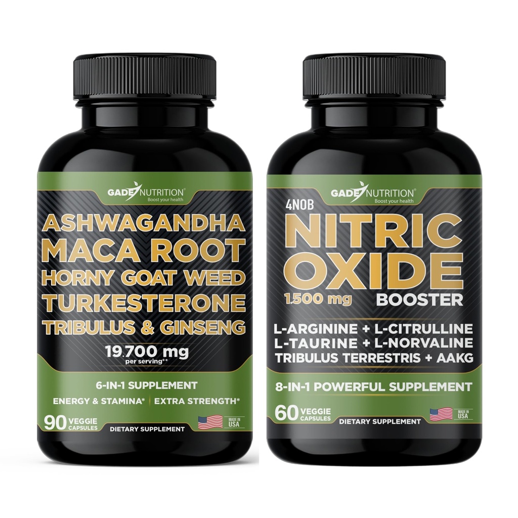 Maca 뿌리, Horny Goat Weed, Turkesterone, Tribulus Terrestris, Panax Ginseng + Nitric 산화물 부스터 - 에너지, 활력, 성능, 펌프에 대한 번들