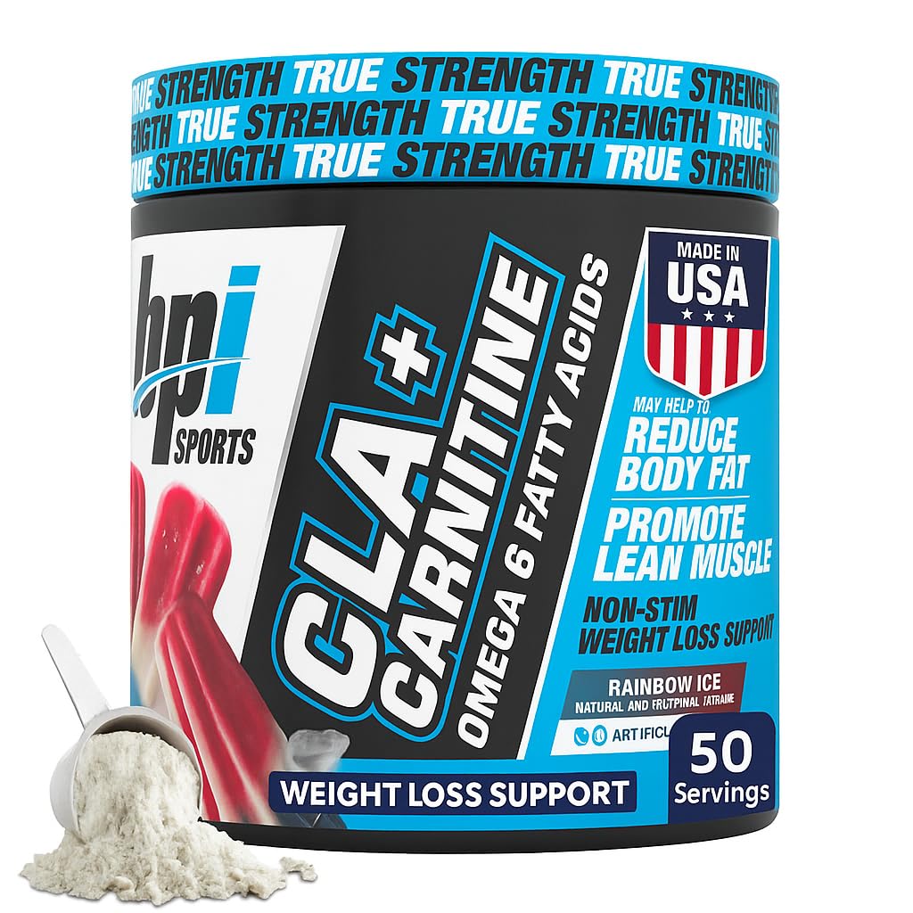 BPI 스포츠 CLA + 카르니틴 분말 - 체중 감량, Metabolism & Lean 근육을위한 비 자극제 지방 버너 - 카페인 무료 - 레인보우 아이스 - 50 서빙 - 12.34 온스