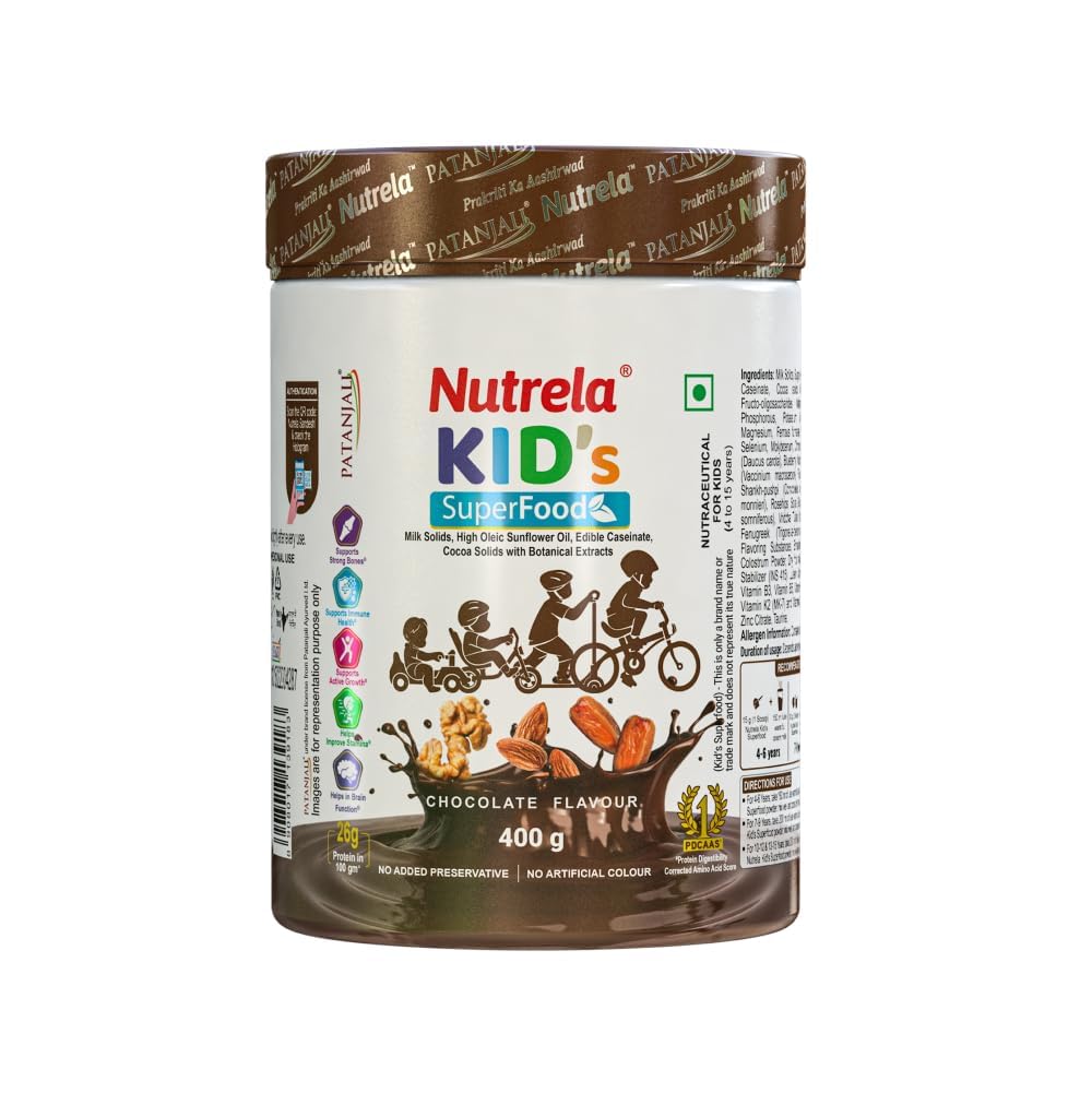 Nutrela 아이 단백질 분말, 초콜렛 풍미, 400g, 기억 및 뇌 발달, 근육 질량, 뼈 및 이 힘