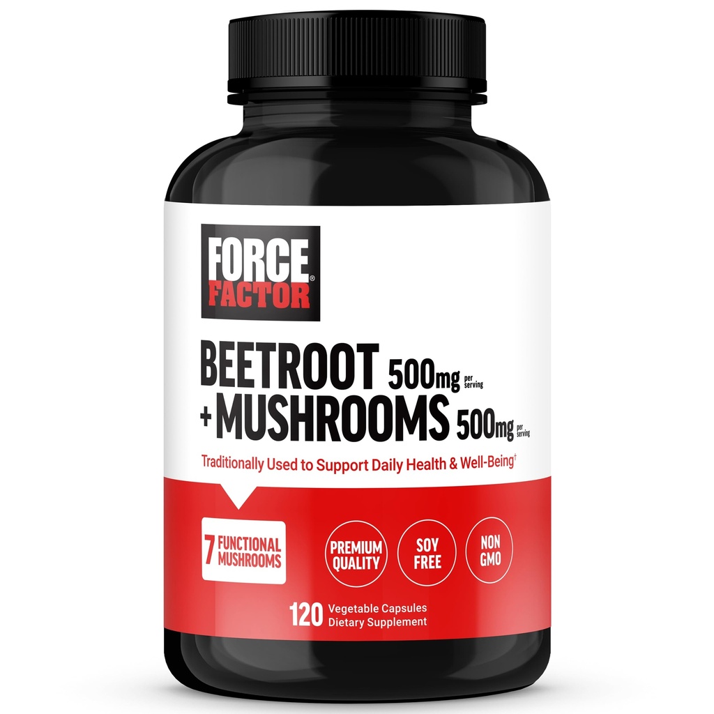 FORCE FACTOR Beetroot + 큰 건강을 위한 버섯 보충교재, 7개의 기능적인 버섯, 사자 Mane, Cordyceps, & 더 많은 것, Soy 자유로운, 비 GMO, 120의 캡슐을 가진 사탕 뿌리 캡슐