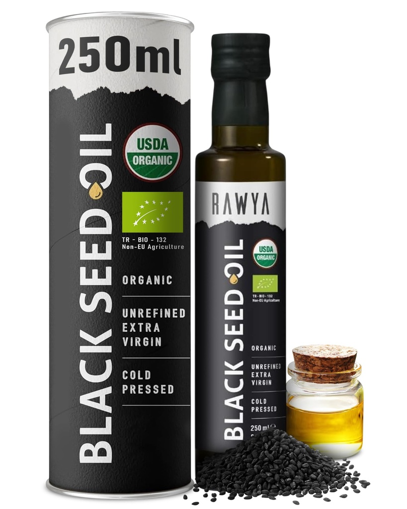 RAWYA Black Seed Oil - USDA Organic Certified - Cold Pressed - 8.4 Fl oz - Extra Virgin - 터키 블랙 Cumin Seed - Thymoquinone이있는 프리미엄 Nigella Sativa - Kalonji - Non-GMO, 글루텐 - 무료 - 영양 보충제 - 추가 강한 맛