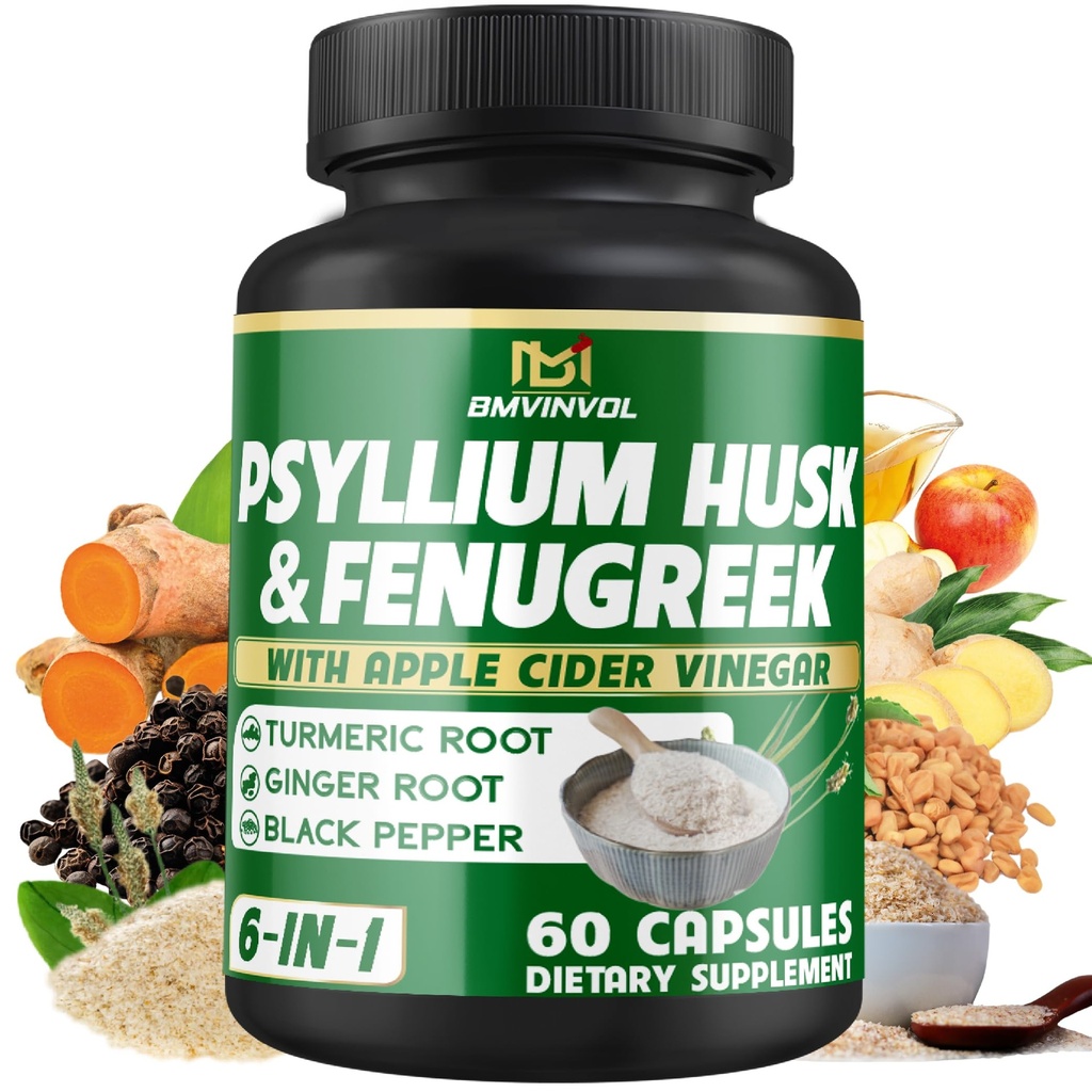 BMVINVOL 심혈관 Husk 섬유는 Fenugreek, Apple Cider Vinegar, Turmeric, Ginger, 까만 고추 소화 건강 지원을 가진 보충 t - 60의 캡슐을 보충합니다