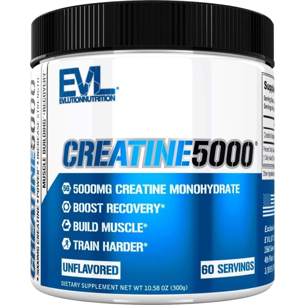 Evlution Nutrition Creatine 5000 - 더 빠른 회복, Lean 근육 성장 및 성능 지원 - 사전 & 포스트 운동 분말 - 5000mg 순수 Creatine Monohydrate per 서빙 - 60 서빙