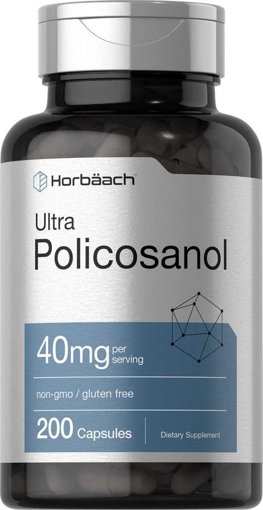 Horbäach Policosanol 40mg | 200 캡슐 | 비 GMO 및 글루텐 무료 보충