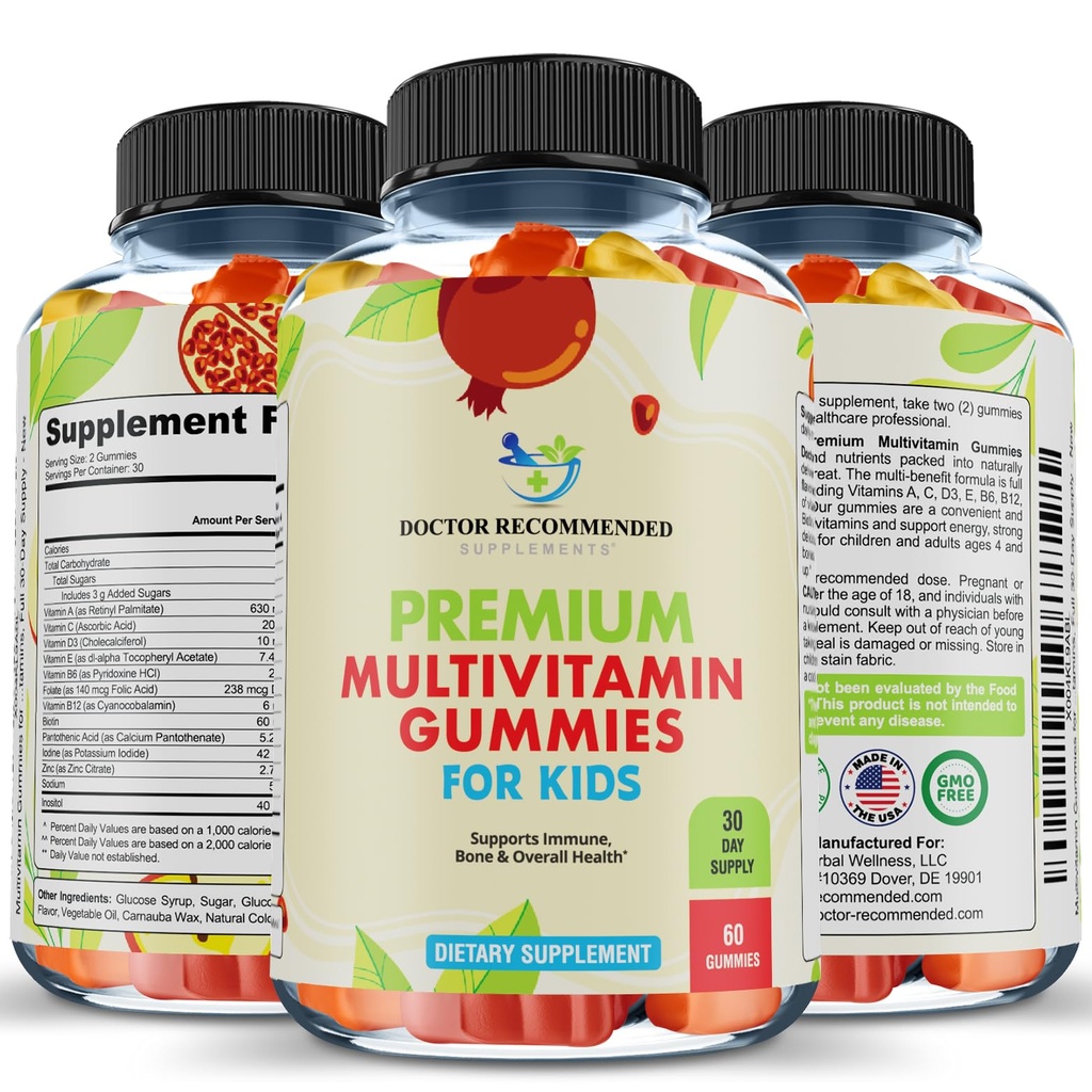유아 및 어린이를위한 프리미엄 멀티 비타민 Gummies - Chewable Essential Daily Vitamins A, C, D3, E, B6, B12, Biotin - High-Fructose-Corn-Syrup 또는 인공 감미료 - 60 Gummies, 30-Day Supply
