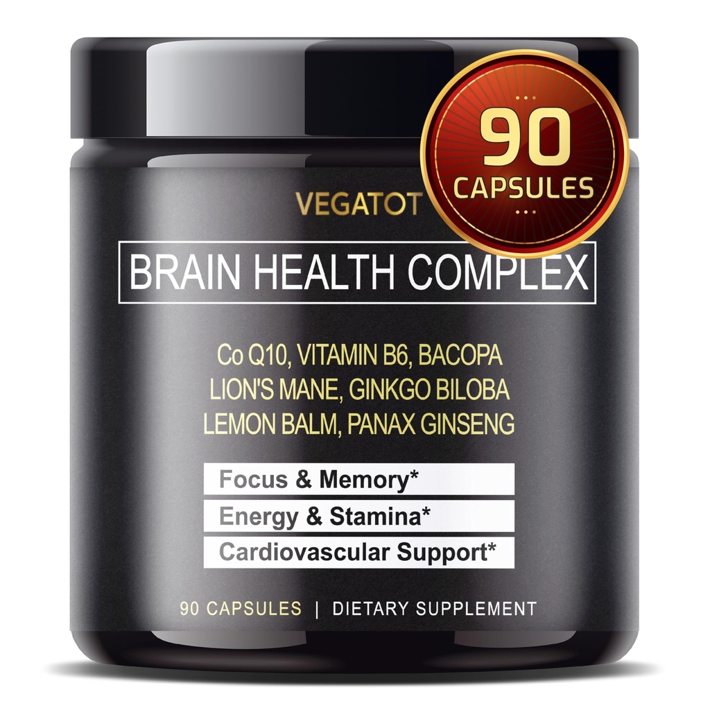 VEGATOT 뇌 부스터 뇌 건강 단지 보충 CoQ-10 VIT B6 사자 Mane Ginkgo Biloba 레몬 Balm Ginseng와 농축 - 초점 기억 에너지