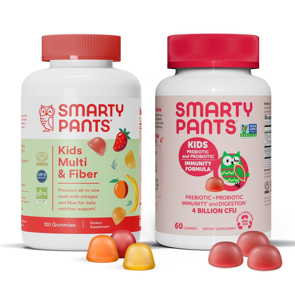 SmartyPants Kids Multivitamin 섬유 보충교재 Gummies와 Probiotic Immunity 뭉치: 오메가 3 물고기 기름 (EPA/DHA), 비타민 D3, C, 비타민 B12, B6의 소화 & 면역 지원 보충교재 (30 일 공급)