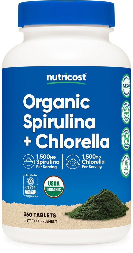 Nutricost 유기 Spirulina + Chlorella (3,000mg) 360 정제 - USDA 유기, 1,500mg Spirulina, 1,500mg Chlorella, Vegan, GMO-Free, 글루텐 프리, 60 서빙