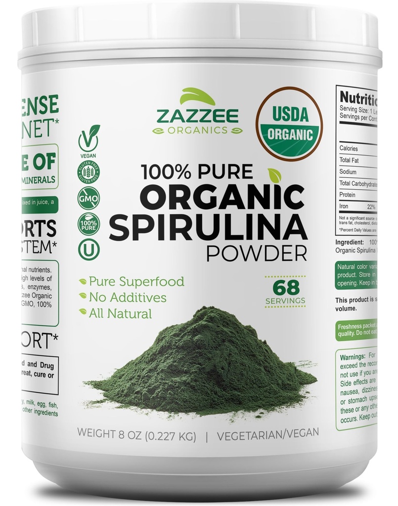 Zazzee USDA 유기 Spirulina 분말, 8 온스, 68 서빙, 인증 Kosher, 100 % 순수, 비 Irradiated, Mess-Free 와이드 입 컨테이너, 신선한 냄새 및 중립 맛, 비 GMO, 미국에서 만든