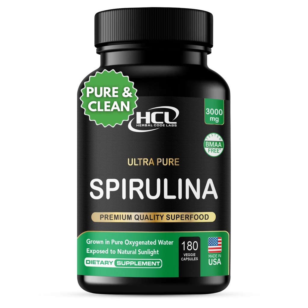 Spirulina 분말 캡슐 3000 mg - 가장 순수한 비 Irradiated 블루 그린 조류 - 최고의 원시 채식 단백질 - 녹색 Superfood - 자연 Multivitamins - 180 미국에서 만든 알약