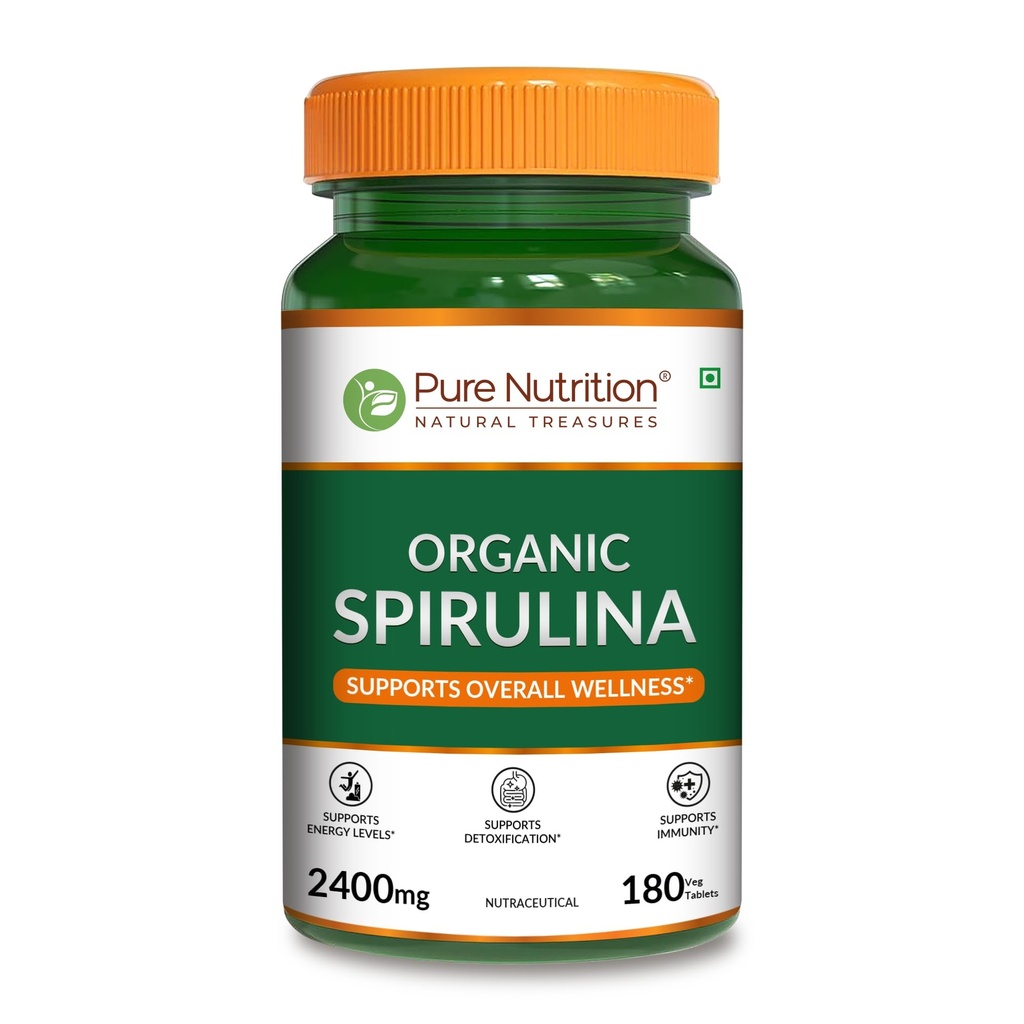 순수 영양 유기 Spirulina 2400mg per 서빙 | 180 Veg Tablets | Spirulina Powder Organic Tablet | 건강한 피부와 부스트 면역성이 지원 | 비 GMO