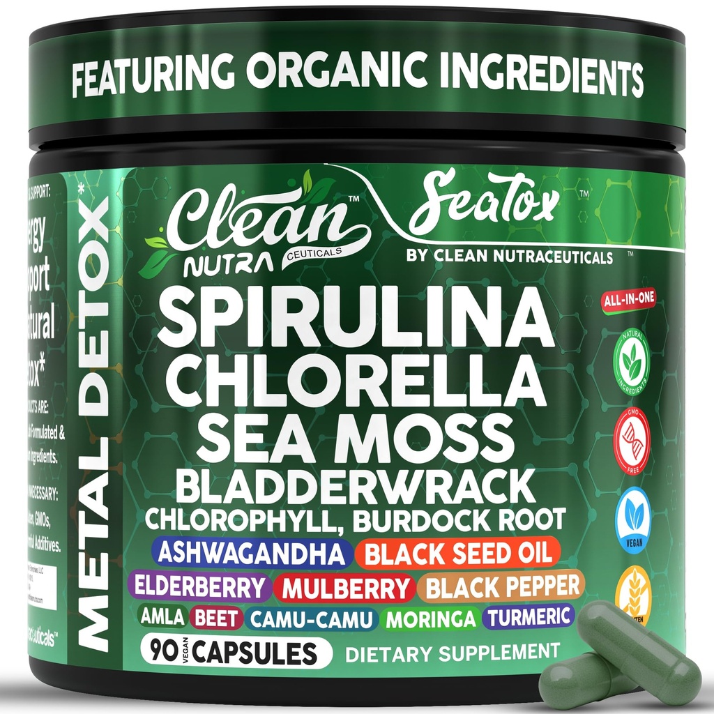 바다 Tox 유기 Spirulina와 Chlorella 캡슐 자연적인 정화 & Nourishment 바다 Moss Bladderwrack Chlorophyll Burdock 뿌리 Ashwagandha Turmeric 90 Vegan 검정씨 기름 캡슐 청결한 Nutra