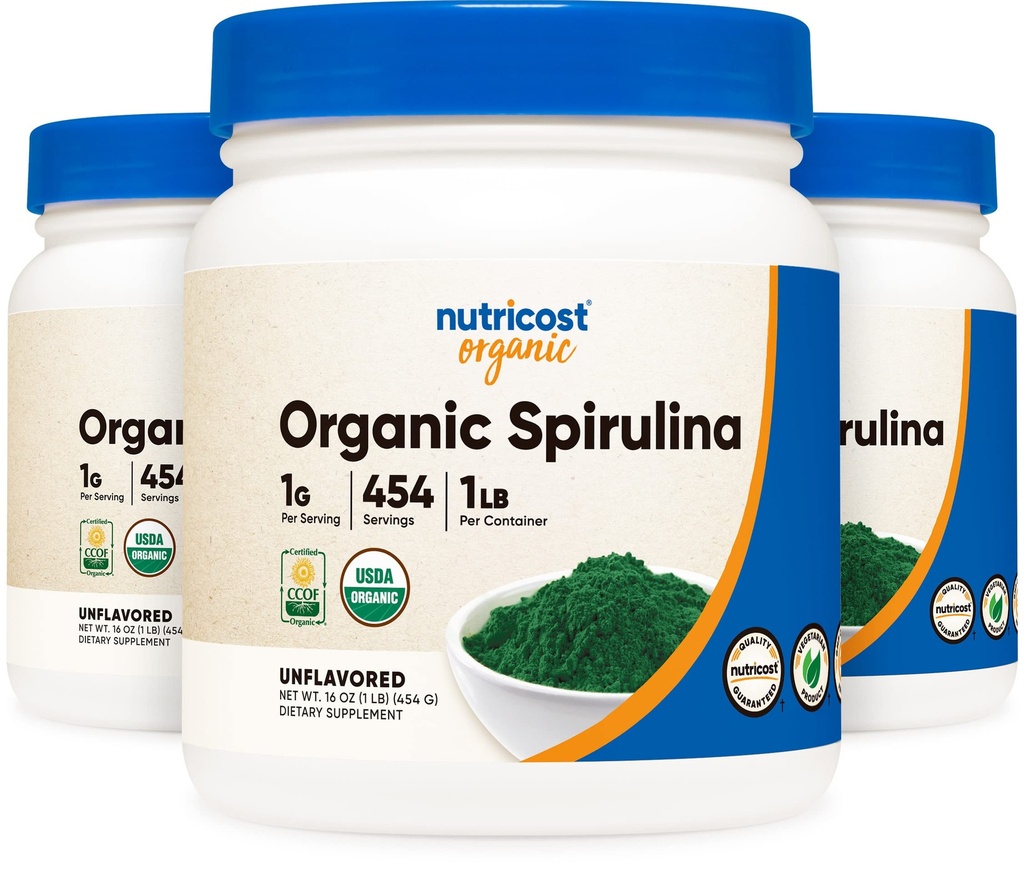 Nutricost 유기 Spirulina 분말 Unflavored, 1LB 컨테이너 454 서빙 (3 병) - Vegan, GMO 무료 및 글루텐 무료
