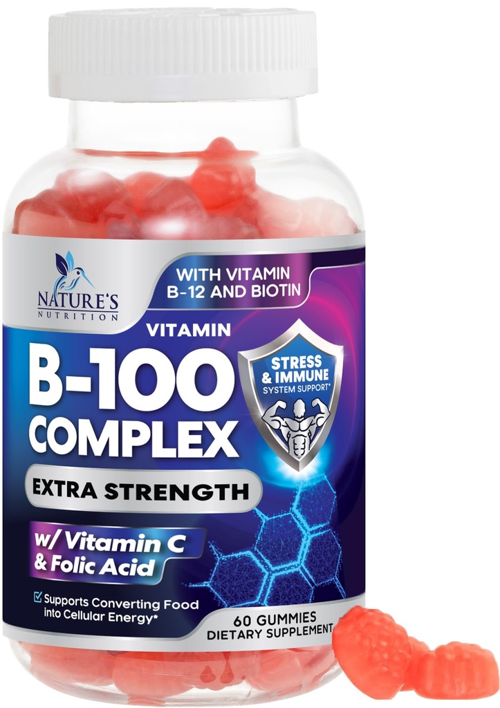 비타민 C & Folic 산, Niacin, B6, Folic 산, B12, Biotin, Nature's Energy Immune 지원 보조 식품과 B 복합 보충 교재 - 60 Gummies
