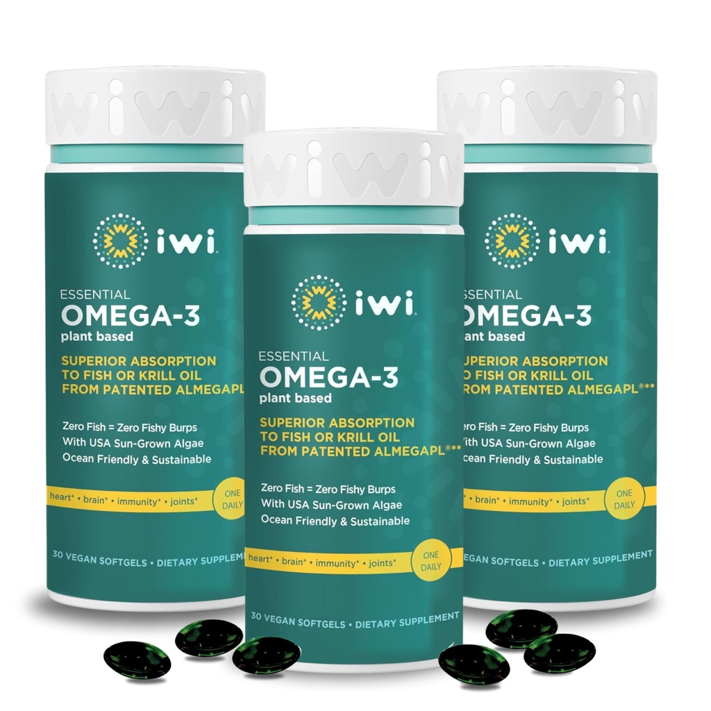 Iwi Omega-3 Essential, 90 Softgels (90 서빙), EPA + DHA, Brain, Heart & Immune Support Dietary Supplement, Krill & Fish Oil Alternative, No Fishy Aftertaste와 식물 기반 조류 오메가 3
