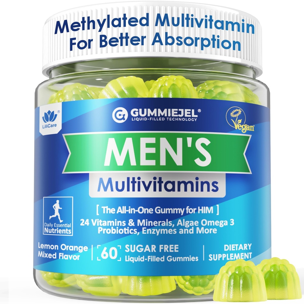 Mens Multivitamins Gummies, 남자를 위한 메틸을 입힌 Multivitamin, B Complex, 무기물, Vegan Omega 3, Probiotic, 효소, 남성을 위한 산화 방지제 매일 지원, 설탕 자유로운, Vegan (철 없음) 60 조사