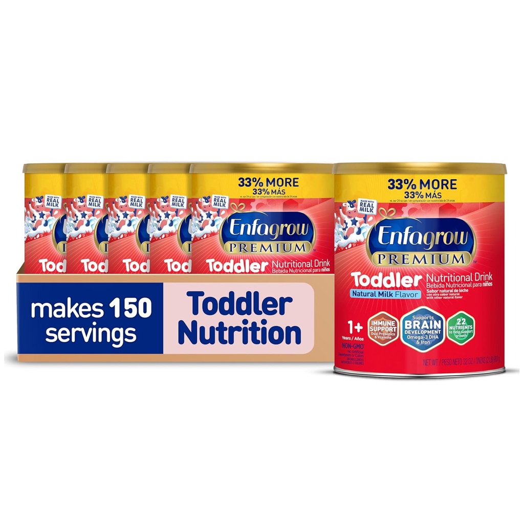 Enfagrow PREMIUM 유아 영양 음료, Real Milk, Brain-Building Omega-3 DHA, Nutrients 및 Prebiotics로 만든 성장 및 면역 지원, Non-GMO, 유아 우유 분말, 32 Oz Can, 6 카운트