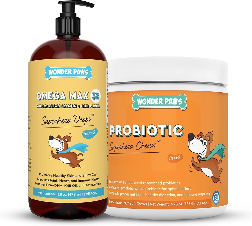 WONDER PAWS Omega Max Fish Oil Plus Probiotic Chews - 개 관절 건강, 피부 습기, Gut Health & Daily Wellness - Omega Max 16 Ounces - Probiotic 90 Chews