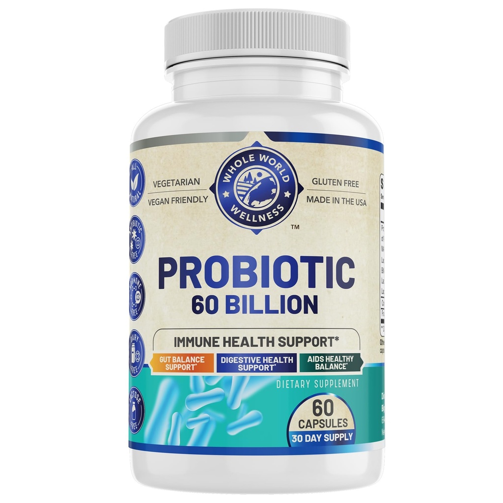 Probiotic 60 억 CFU / g | 면역, 소화 및 구트 건강 지원 | 지원 변비, 가스 및 부유 | 모든 자연, 낙농 무료 | 60 캡슐 | 미국에서 제작.